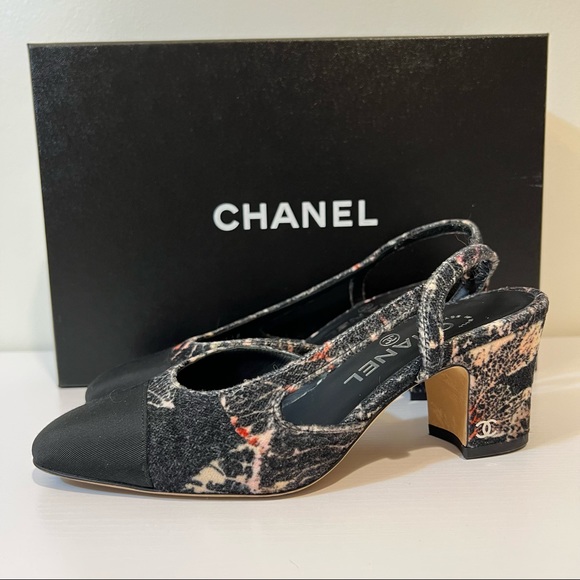 CHANEL Women Slingback Flat Sandals Black Tweed Leather Block